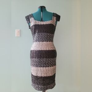 Celebrity Designer Marc Bouwer Black and Silver Striped Sequin Midi Dress